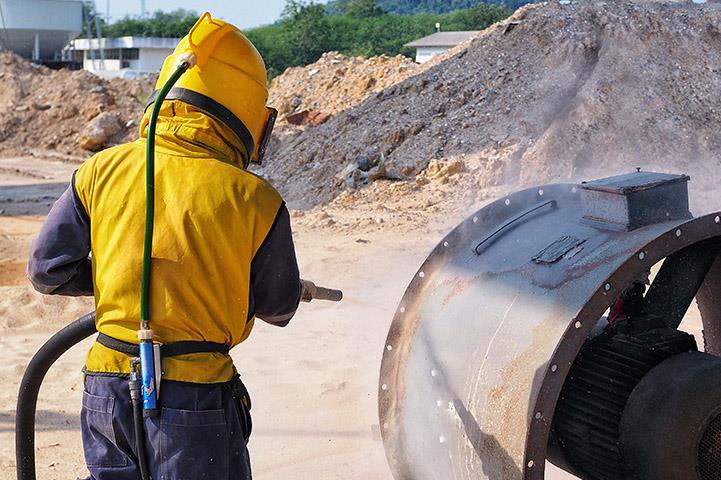 technician sandblasting rust from metal