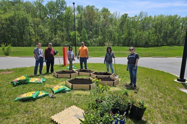 team working outdoors with plant boxes