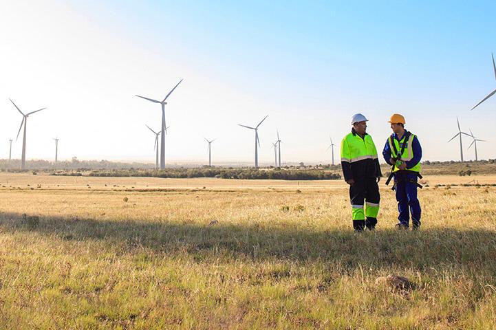 two men standing in the middle of a wind farm
