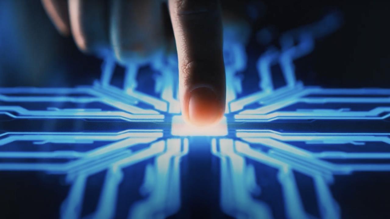 Hand pushing a button on a grid line pattern