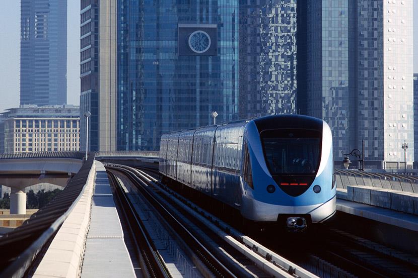 metro train on tracks in dubai