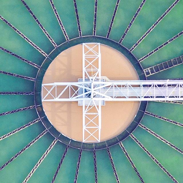 aerial view of water treatment tanks
